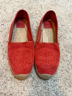 Tory Burch Red Suede Logo Espadrille Flats